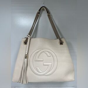 Gucci Soho Leather Medium ChainStrap Tote Ivory/off white